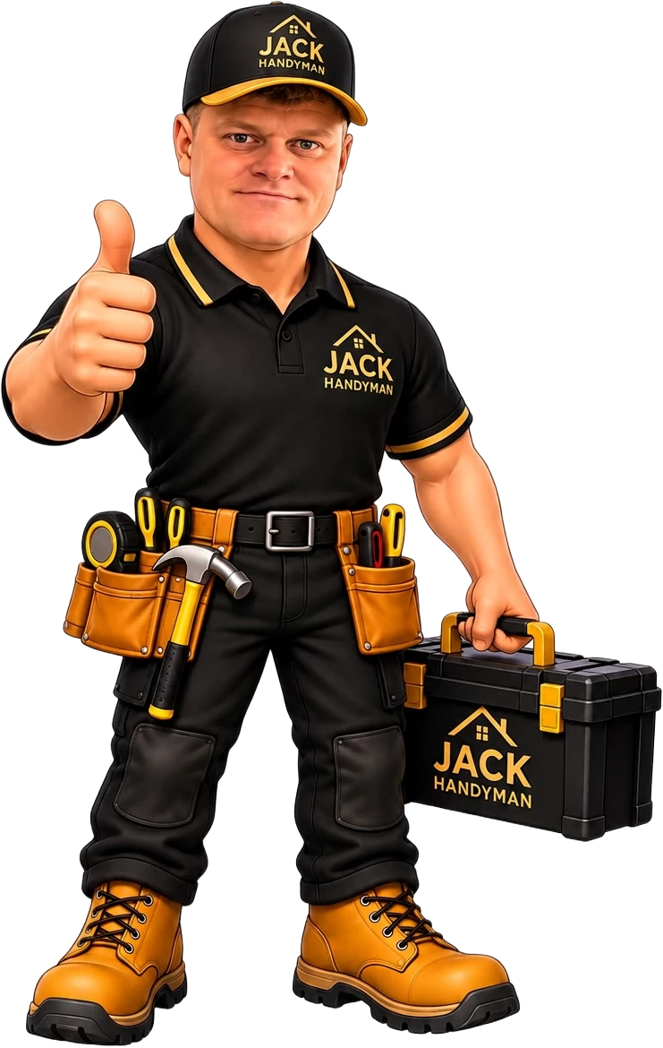 Jack the Aylesbury handyman in a black and gold Jack Handyman polo and cap, giving a thumbs up and carrying his toolbox